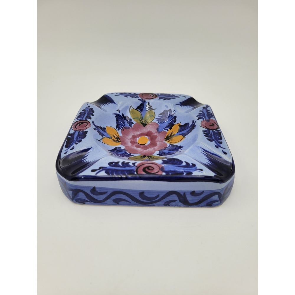 Vintage Vestal Alcobaca Portugal Hand Painted Blue Floral Ashtray #631 - Picture 6 of 9